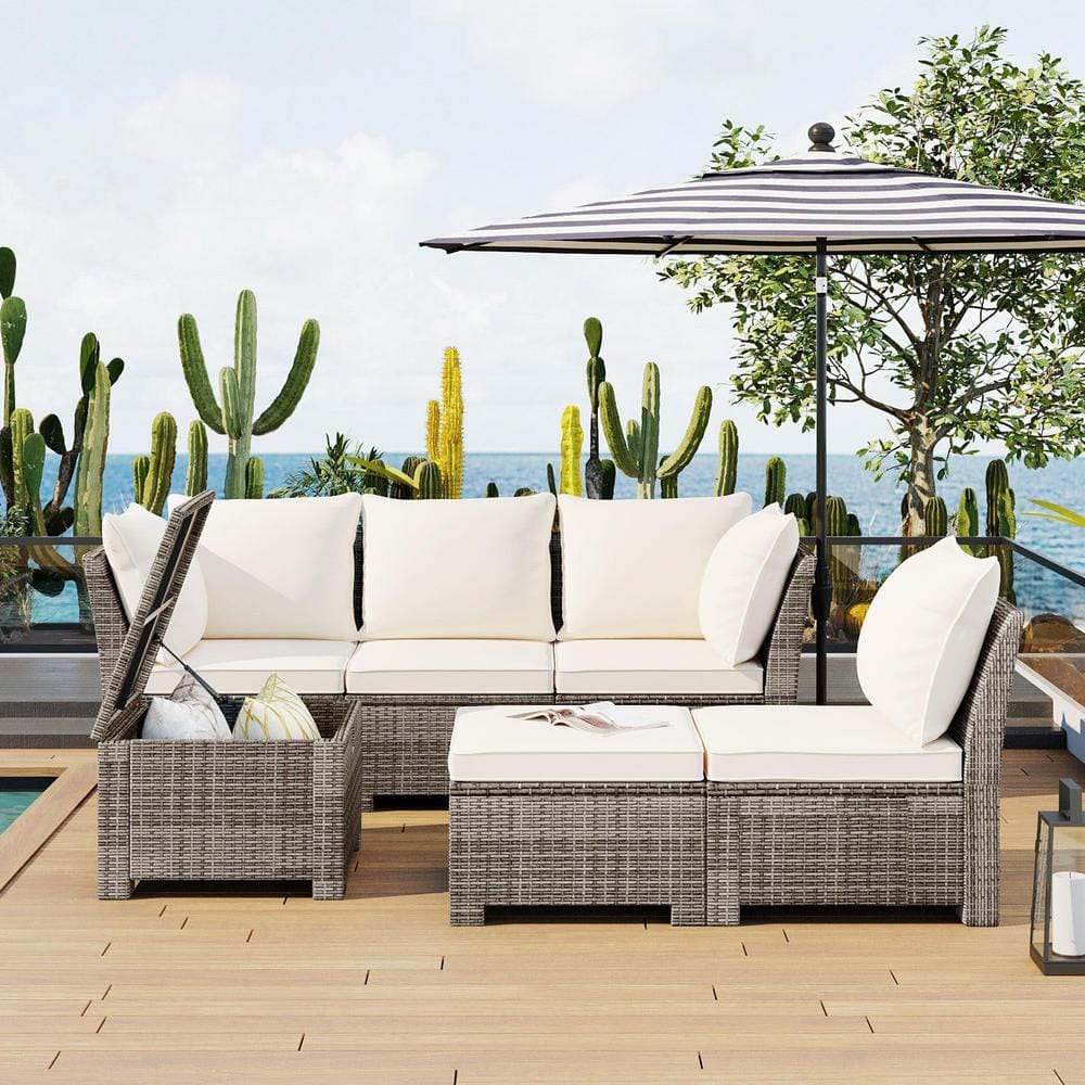 6-Piece Beige Wicker Outdoor Sectional Set Sofa Set with Ottoman, Beige Cus