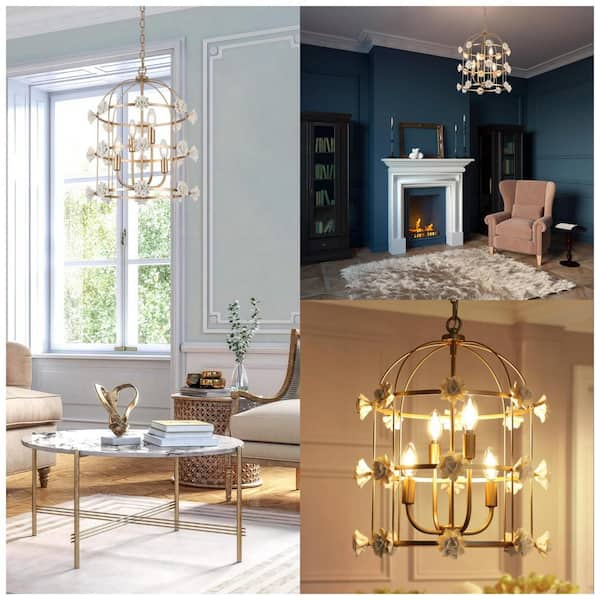 Modern Brass Gold Island Chandelier Light 3-Light Round Chandelier Light  with Ceramic Flowers