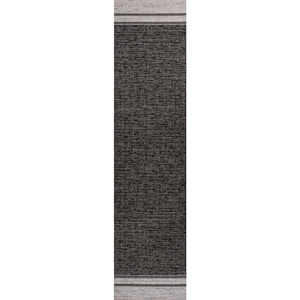 Alda Black/Cream 2 ft. x 8 ft Modern Minimalist Mingled Solid Indoor/Outdoor Runner Rug