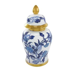 14 in. Blue Ceramic Floral Decorative Jars with Cream and Gold Accents