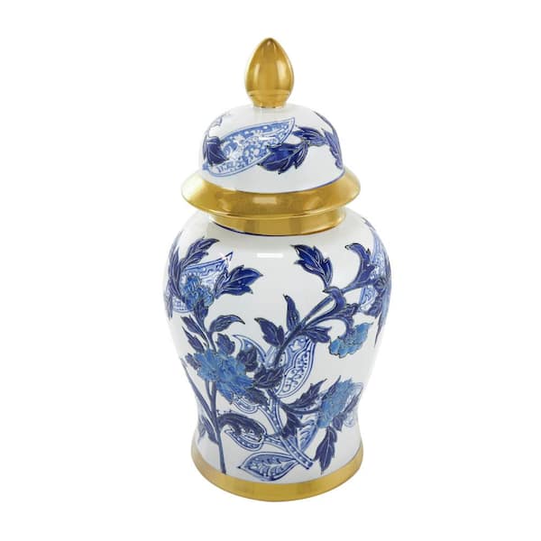 Litton Lane 14 in. Blue Ceramic Floral Decorative Jars with Cream and Gold Accents