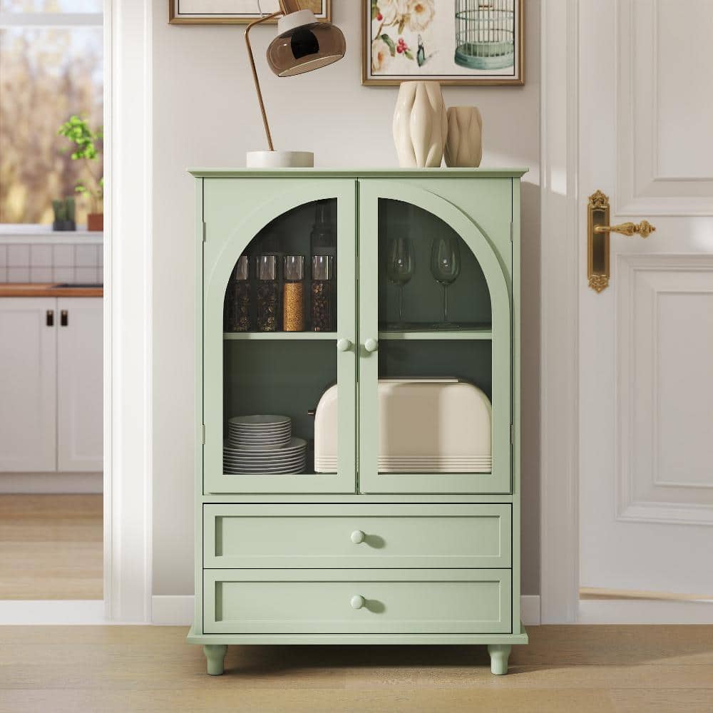 Green Buffet Cabinet with Arched Glass Doors and 2 Drawers, Accent Storage Sideboard for Kitchen Living Room price history on PriceWatchPro