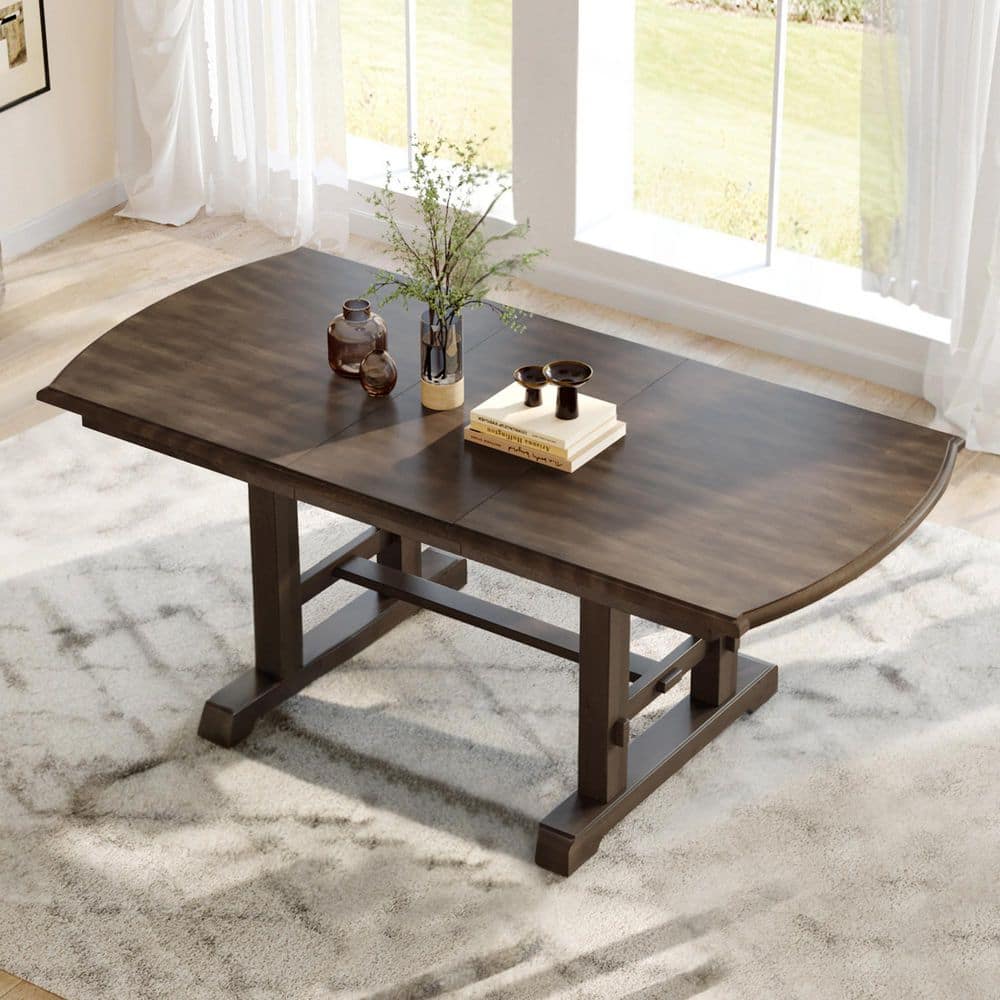 Brown Wood 60 in.-78 in. Extendable Trestle Dining Table with Acacia wood Frame, Removable Leaf, Seats 8