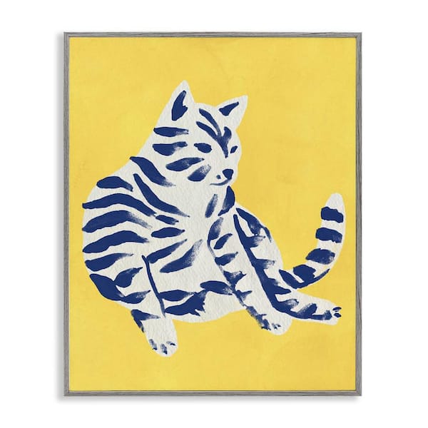 Stupell Industries Unique Bright Cat on Yellow by June Erica Vess Gray Framed Animal Giclee Art Print 20 in. x 16 in.