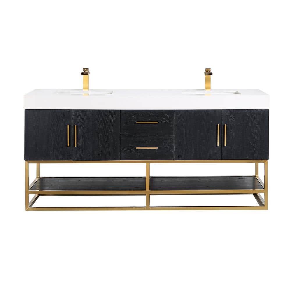 Bianco 72" Black Oak and White Double Vanity with Gold Accents