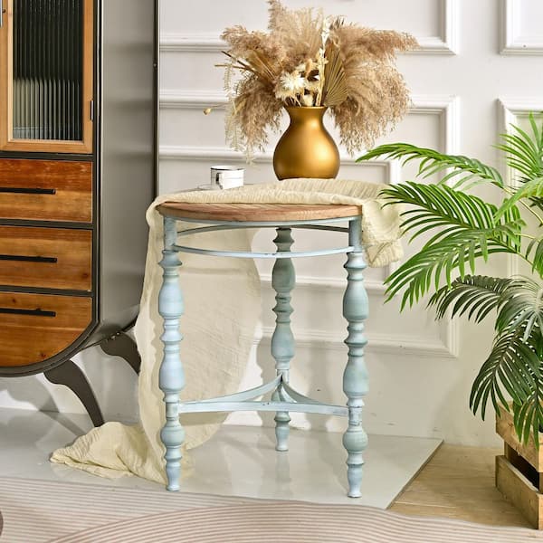 Odessa 20.08 in. Rustic Natural Wood Wash Round Wooden Carved End Table with Metal Legs