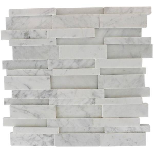 Splashback Tile Dimension 3D Brick White Carrera Stone 12 in. x 12 in. x 8 mm Marble Floor and Wall Tile