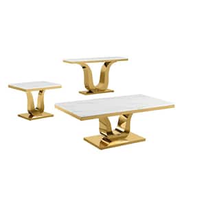 Eric 55 in. L. White Rectangle Marble Top Coffee Table Set With Gold Stainless Steel Base Set Of 3