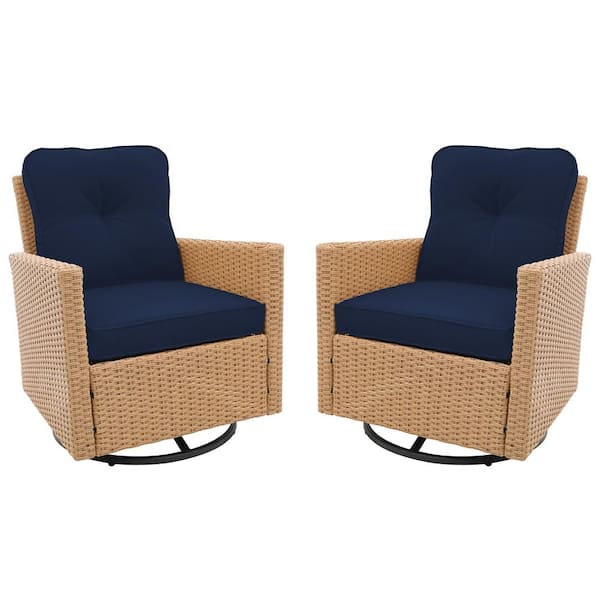 PATIOGUARDER 2-piece Beige Wicker 360° Swivel Outdoor Rocking Chair with Navy Blue Cushion