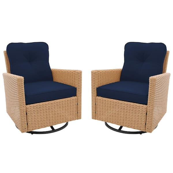 PATIOGUARDER 2-piece Beige Wicker 360° Swivel Outdoor Rocking Chair with Navy Blue Cushion