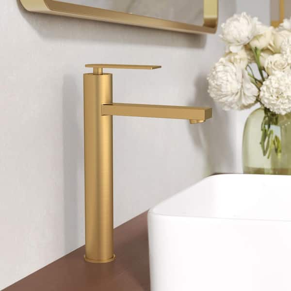 Single Handle Vessel Sink Faucet with Valve and Pop-up Drain in Brushed Gold (1-Pack)