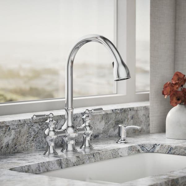 Capilano 2-Handle Bridge Farmhouse Pull-Down Kitchen Faucet with Soap Dispenser and Sweep Spray in Polished Chrome