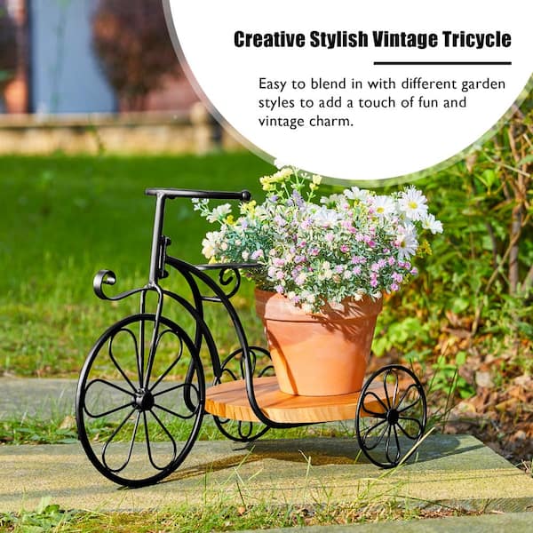 Glitzhome 13 in. H Black Metal Tricycle Planter Stand with