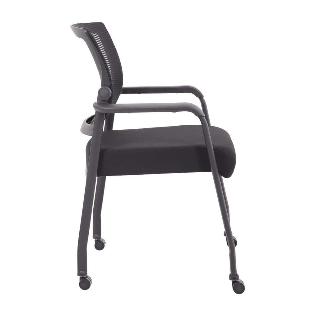 Black Mesh Guest Chair with Fixed Arms and Casters