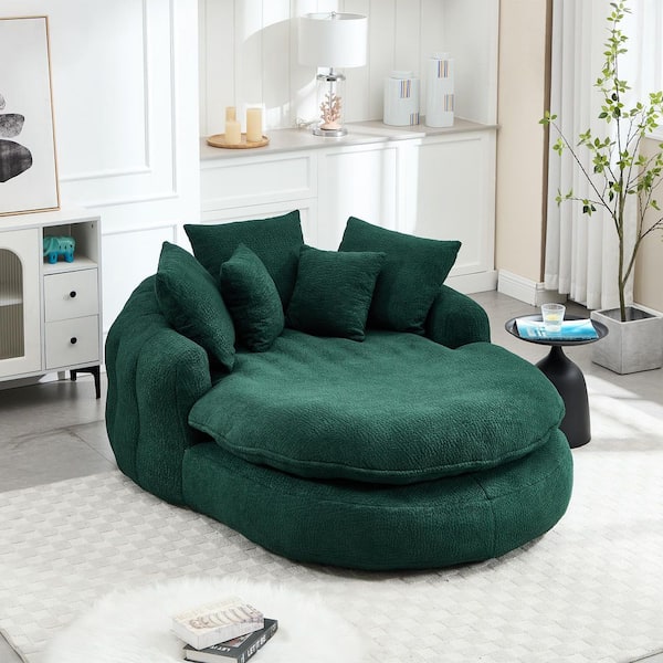 Modern Emerald Chenille Oversized Oval Upholstered Bean Bag Sofa With 5 Pillows