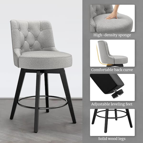 Rowland 26.5 in Seat Height Gray Upholstered Fabric Counter Height Solid Wood Leg Swivel Bar stool（Set of 4）