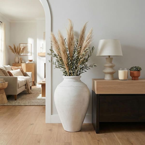 30 in. Ivory Terra Cotta Round Decorative Floor Vase