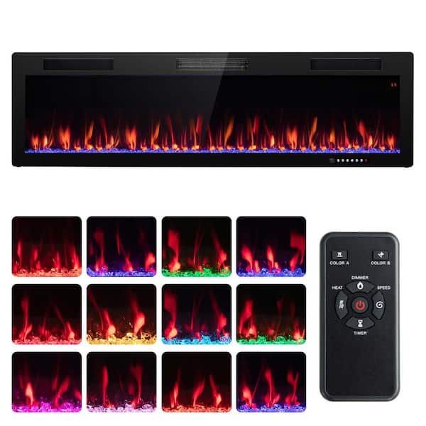 60 in. Wall Mount/Recessed Metal（CRS） Electric Fireplace in Black with Multi-Color Flame