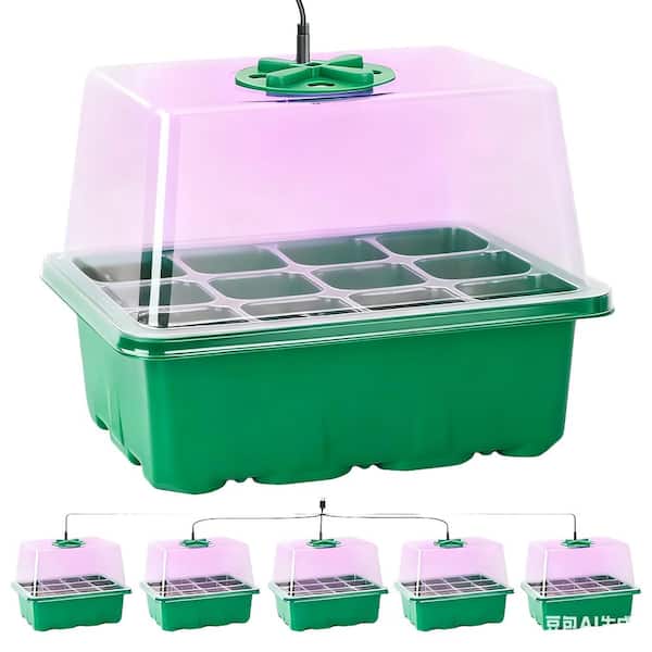 5-Packs Seed Starter Tray with Grow Light, Adjustable Humidity Domes, Clear Cell Tray, 12 Full Spectrum LED Beads, Green