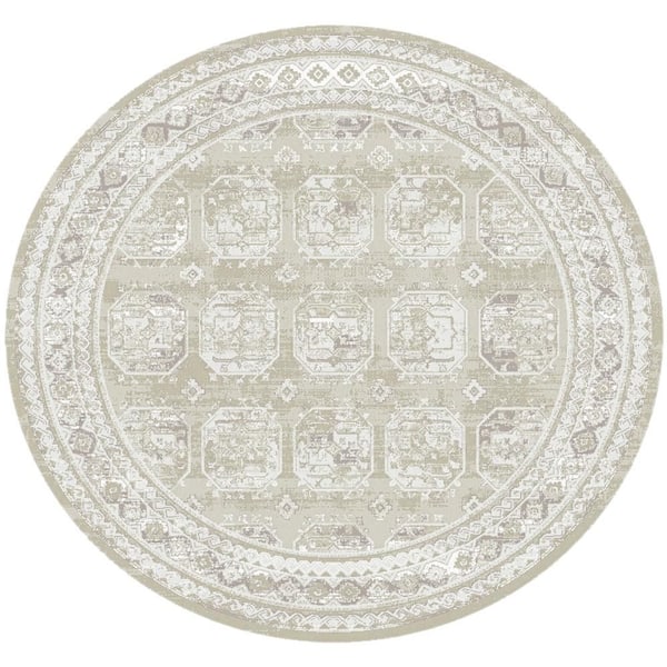 Dekor Ivory Beige 8 ft. Round x 8 ft. Geometric Traditional Round Area Rug