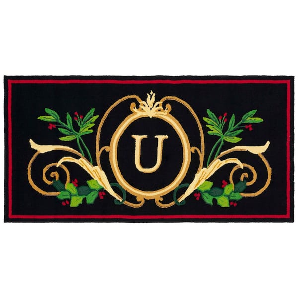 Monogram Black/Multi 3 ft. x 6 ft. "U" Leaf Ornate Indoor/Outdoor Area Rug