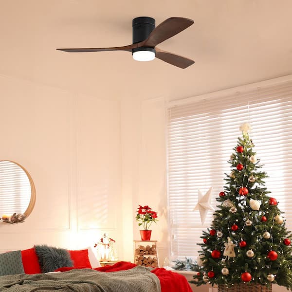 52 in. LED Indoor/Outdoor Flush Mount Matte Black Ceiling Fan with Wood Blades, 6-Speed DC Remote Control