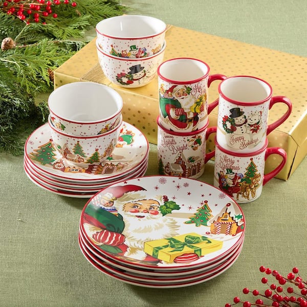 Santa's Retro Christmas 16-Piece Ceramic Assorted Colors Dinnerware Set (Service Set for 4)