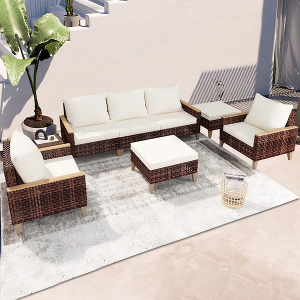 Unbranded 7-Piece Brown Wicker Rattan High Back Patio Outdoor Furniture Sectional Set Sofa with White Cushions and Ottomans