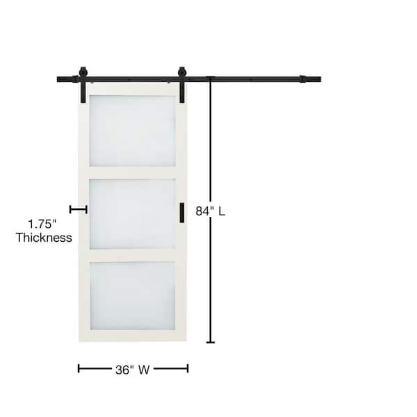 36 in. x 84 in. Bright White Solid Core Frosted 3 Lite Barn Door with Rustic Matte Black Hardware Kit 36 in. x 84 in. Bright White Solid Core Frosted 3 Lite Barn Door with Rustic Matte Black Hardware Kit