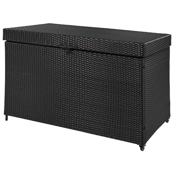 200 Gal. Wicker Deck Box with Wheels, Rattan Outdoor Storage Deck Box, Outdoor Storage Box for Patio Furniture, Black