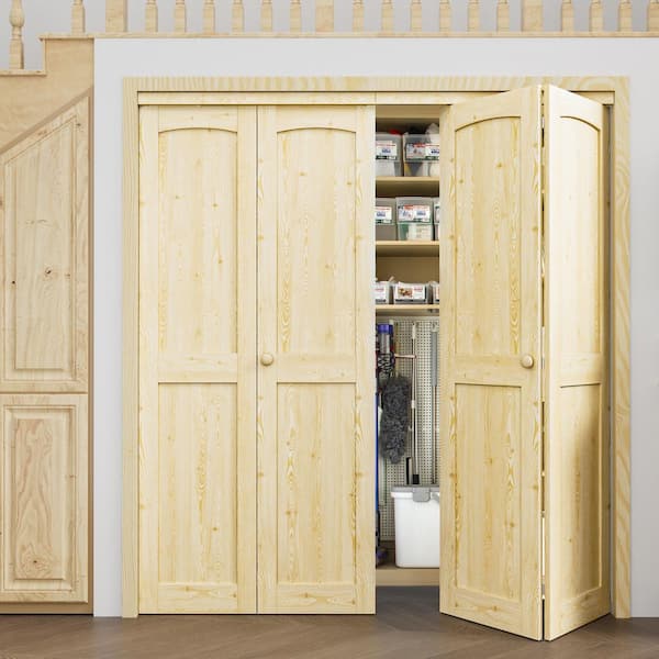 72 in. x 80 in. Arch Panel 2-Lite Solid Core Unfinished Pine Wood Interior Closet Bi-Fold Door with Hardware