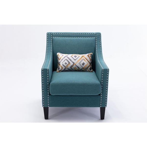 Unbranded Teal Linen Arm Chair With Nail Head And Solid Wood Legs