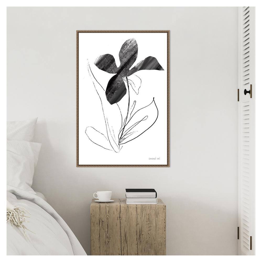 Black and White Abstract Floral Canvas with Bronze Frame