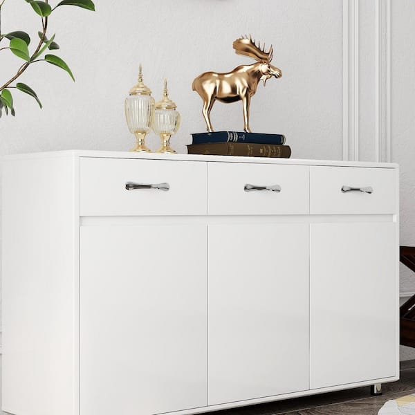FUNKOL 52.56in x 15.94in x 32.68in White MDF Ready to Assemble Kitchen Cabinet with 3 Drawers and 3 Doors