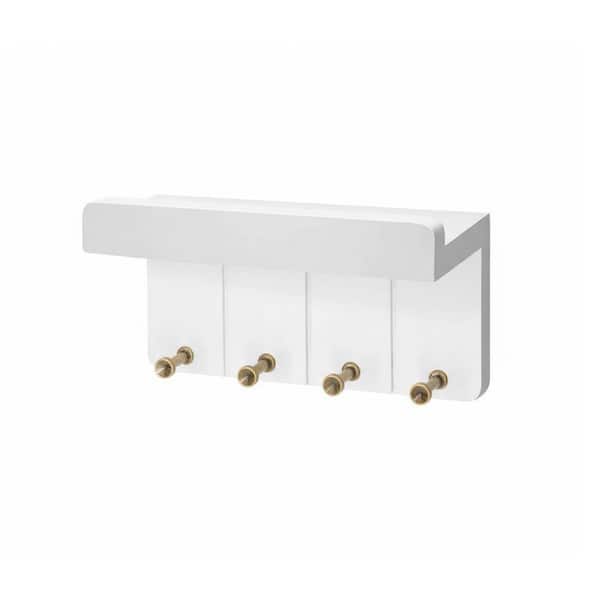 8 in. W x 3.5 in. D White Wood Decorative Wall Shelf Small Key Rack for Wall with 4 Key Hooks and Small Shelf