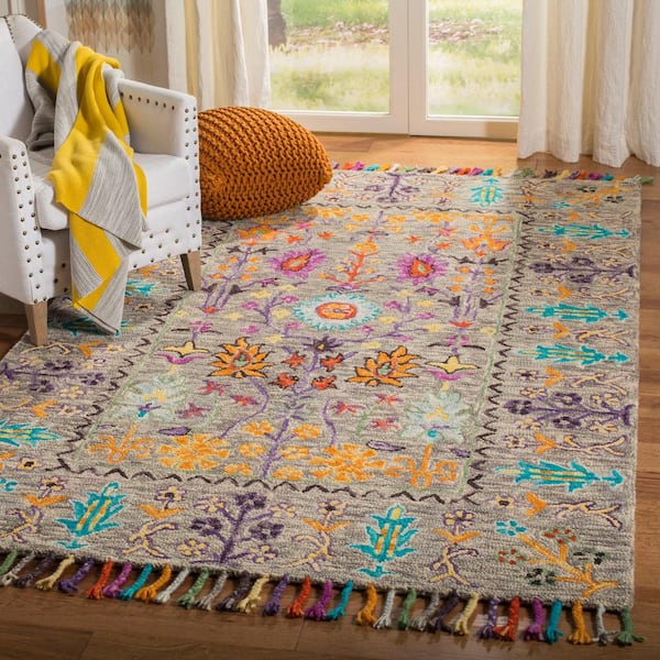 Blossom Gray/Multi 4 ft. x 4 ft. Square Border Area Rug