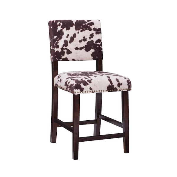 Linon Home Decor Carolyn 24 in. Brown High Back Wood Counter Stool with Cow Print Polyester Seat