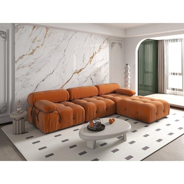 J&E Home 103.95 in. W Square Arm Velvet L Shaped Modular Free