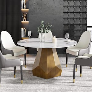 53 in. White Circular Sintered Stone Tabletop Bronze Pedestal Base Kitchen Dining Table (Seats-6)