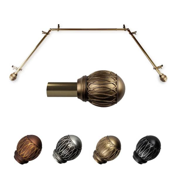 EMOH Yvaine 20-36 in. sides, 38-72 in. center Adjustable Bay Window Curtain Rod 13/16 in. in Antique Brass with Finial