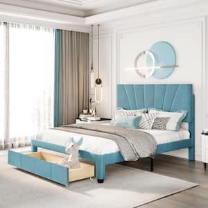 62.2 in. Width Blue Queen Size Wood Velvet Upholstered Platform Bed with a Big Drawer and Tufted Headboard