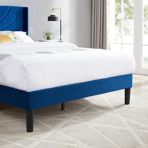 Upholstered Bed Blue Metal Frame Queen Platform Bed with Fabric Headboard, Wooden Slats Support