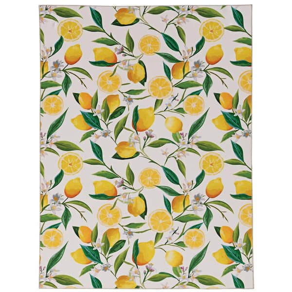 Linon Home Decor Washable Stella Ivory and Yellow 2 ft. x 3 ft. Lemon Branch Polyester Area Rug