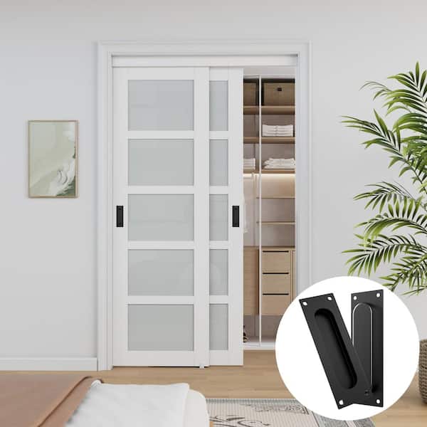 48 in. x 80 in. 5-Lite Frosted Glass Primed White MDF Interior Closet Sliding Door Black Handles and Hardware