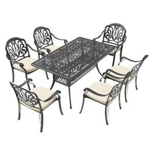 7-Piece Black Rectangle Aluminum 28.35 In. Outdoor Dining Table Set with Detachable Cushion in Random Color
