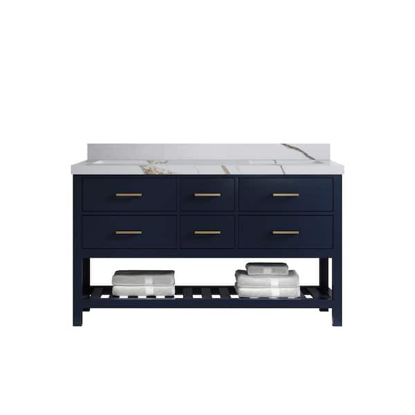 Willow Collections Parker 60 in. Double Sink Freestanding Navy Blue Bath Vanity with Calacatta Gold Qt. Top Unassembled