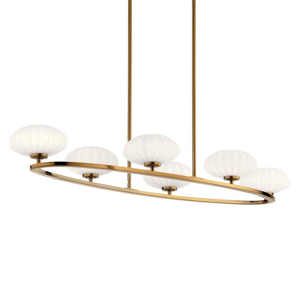 Mid-Century Modern Fox Gold 6-Light Oval Chandelier with Satin Etched Glass
