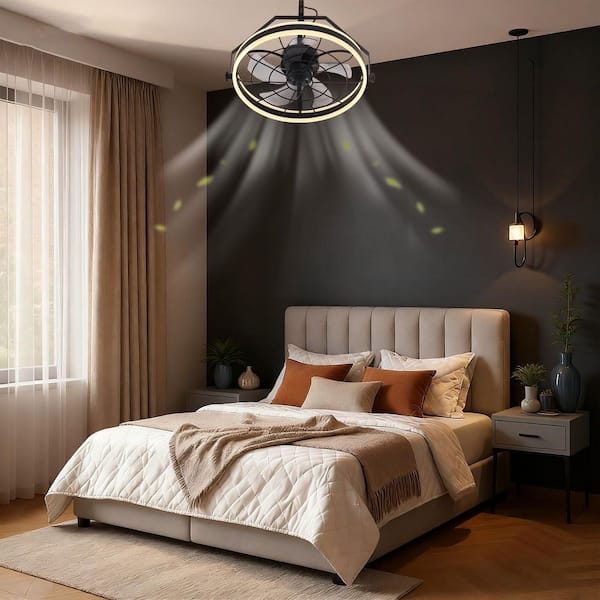 22 in. 5-Blade Black LED Cage Flush Mount Ceiling Fan, Modern Ceiling Light and Fan with Remote for Bedroom Porch