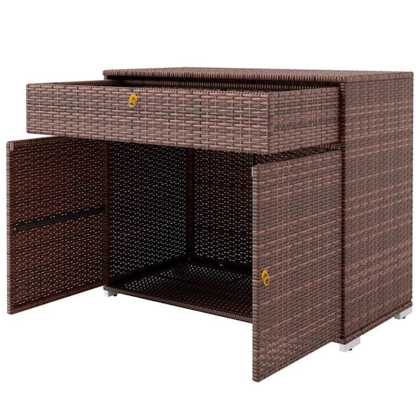 Waterproof Brown Wicker Outdoor Storage Chest, Poolside Towel Storage Cabinet, Patio Organizer with Drawer, 2 Doors