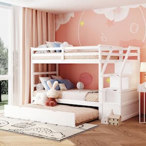 Twin Over Twin White Bunk Bed with Trundle, Wood Twin Size Bunk Bed with Stairs, Twin Kids Bunk Beds with Guardrail